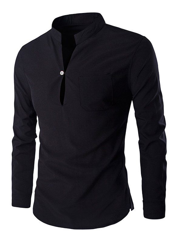 

Mandarin Collar Long Sleeve Slim Fit Shirt, Black