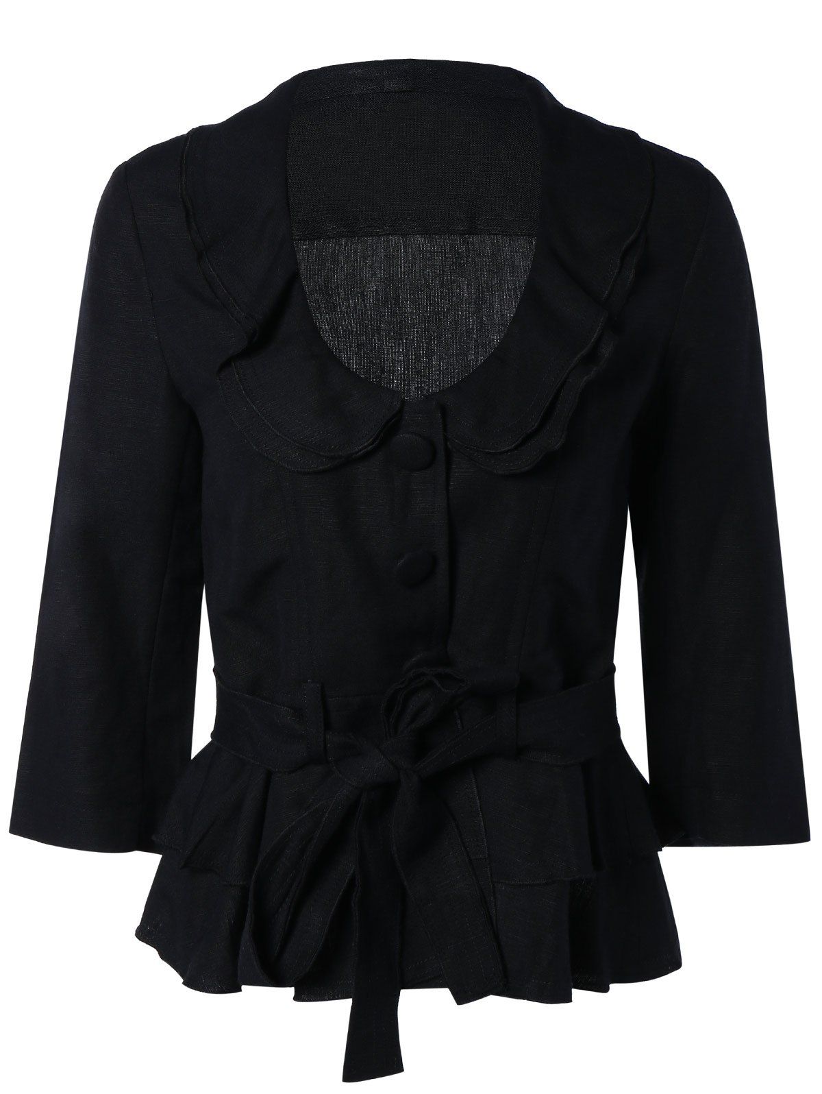 [35% OFF] Elegant Flounced Belt-Tie Buttoned Black Coat | Rosegal