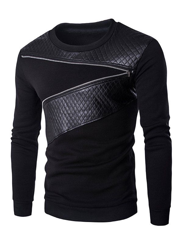 New Quilting Faux Leather Splicing Zippered Pullover Sweatshirt For Men  