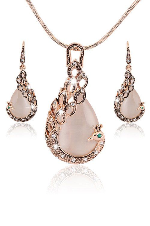 

Chic Elegant Peacock Necklace Earrings, Rose gold