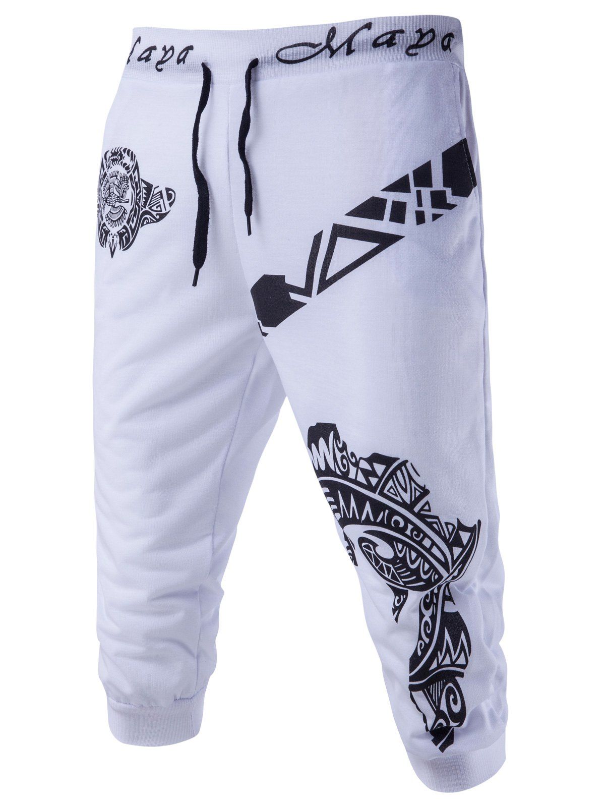 

Abstract Printed Solid Color Lace-Up Shorts For Men, White