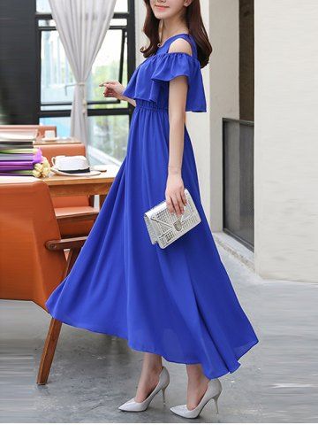 2019 cold shoulder flounce chiffon maxi swing dress