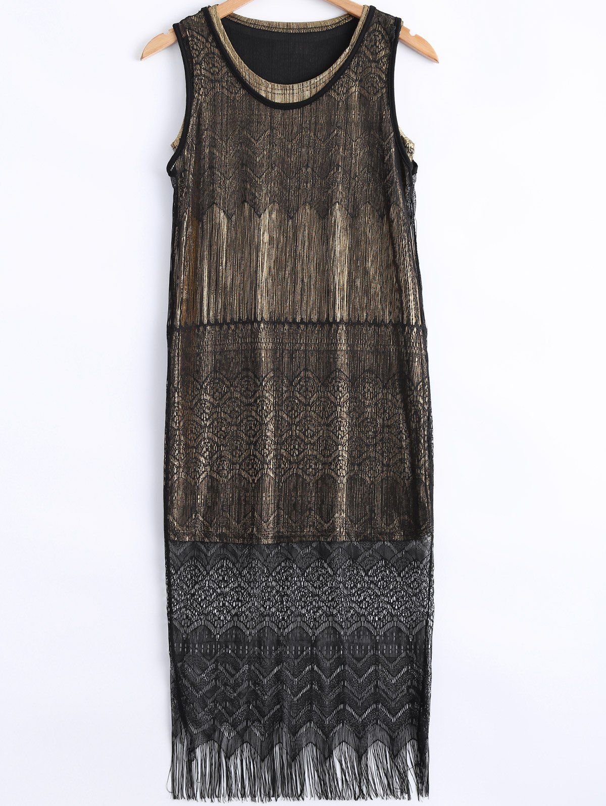 [43 OFF] Stylish Scoop Neck Lace Fringe Tank Dress And Metallic Color