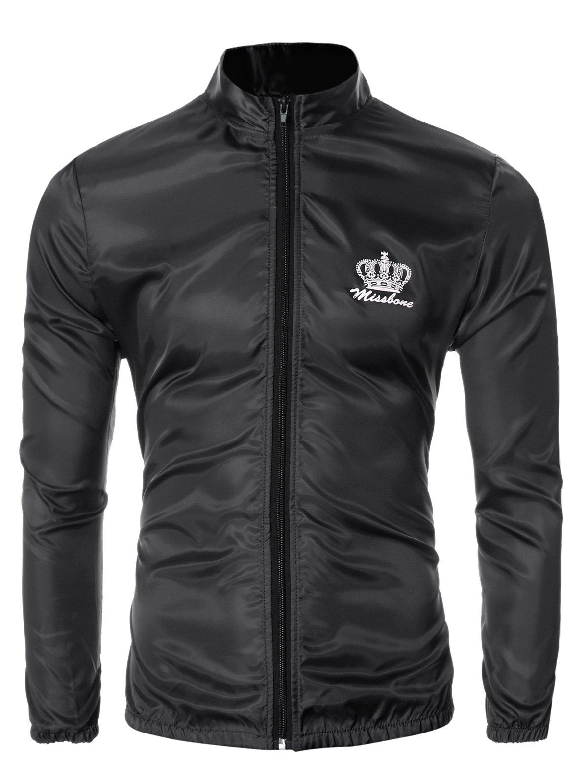 [26 OFF] Crown Print Zip Up Elastic Cuff Stand Collar Jacket For Men