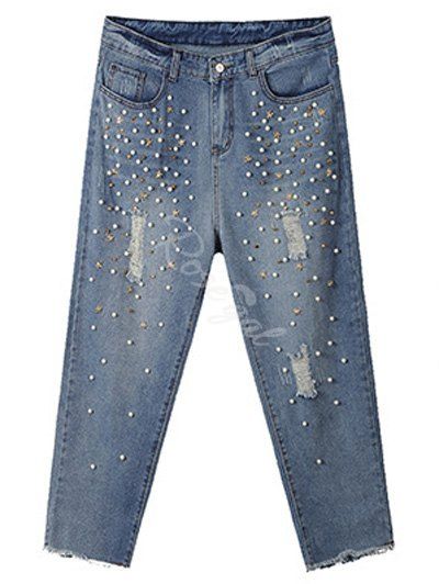 [50% OFF] Plus Size Trendy Beading Studded Jeans | Rosegal