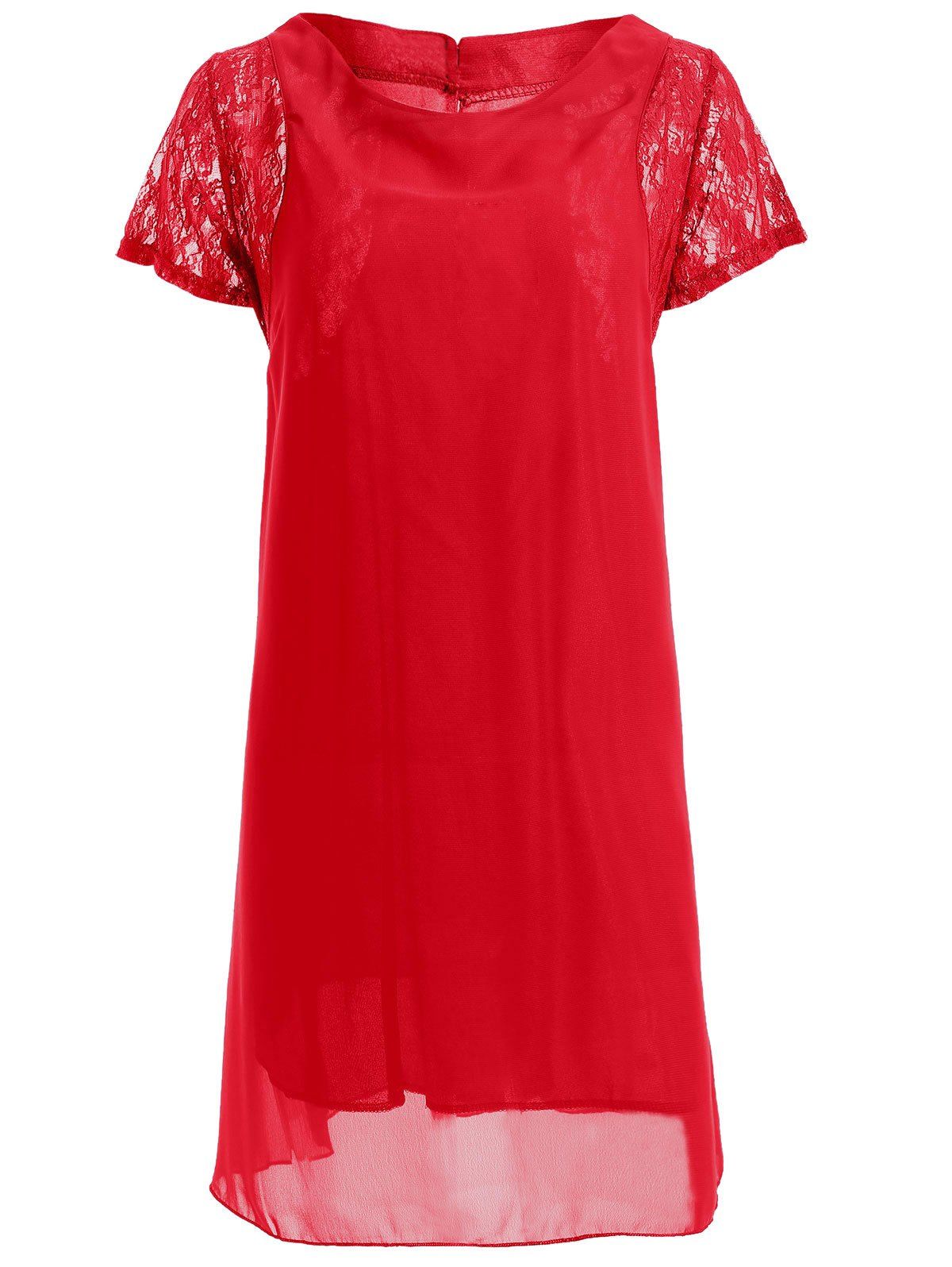 Shop Lace Spliced Short Sleeve Shift Chiffon Dress  