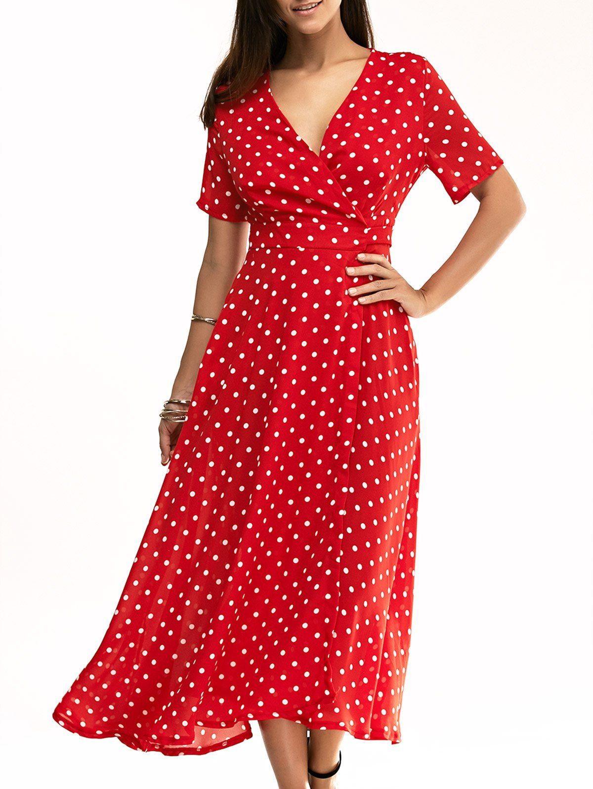 Off Retro Style V Neck Polka Dot Pleated Dress For Women Rosegal