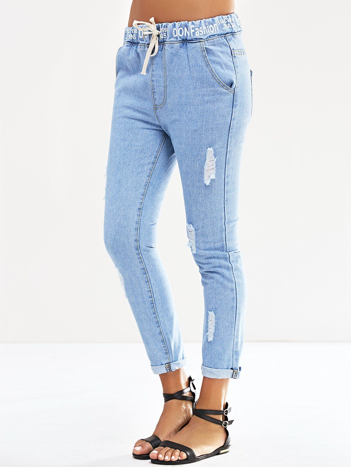 elastic waist ripped jeans