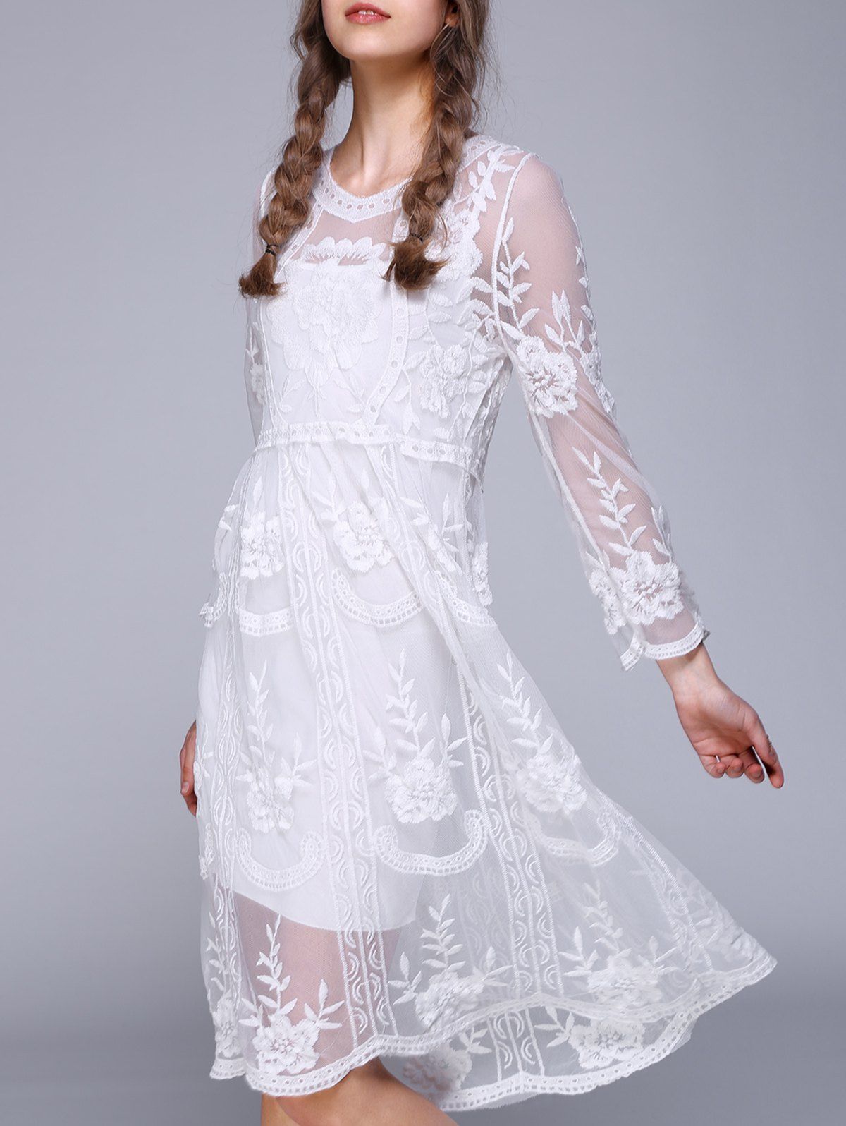 White One Size 3/4 Sleeve Lace Splicing Embroidery Dress