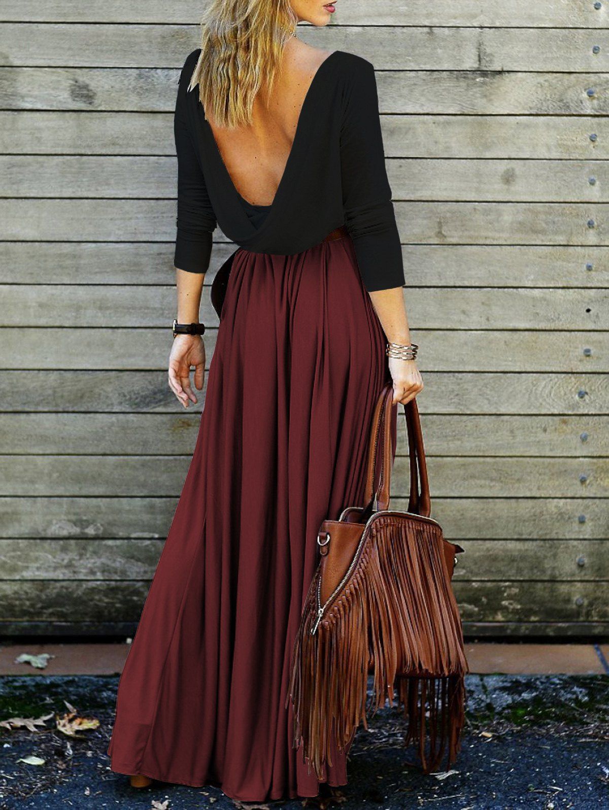 [40 OFF] Backless Long Sleeve Maxi Pleated Prom Dress Rosegal