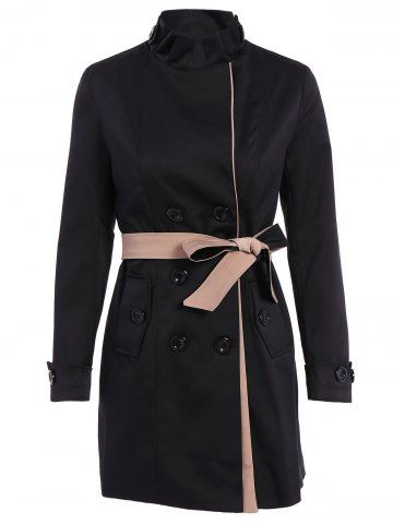 simple plain lapel hooded double breasted long sleeve trench coat