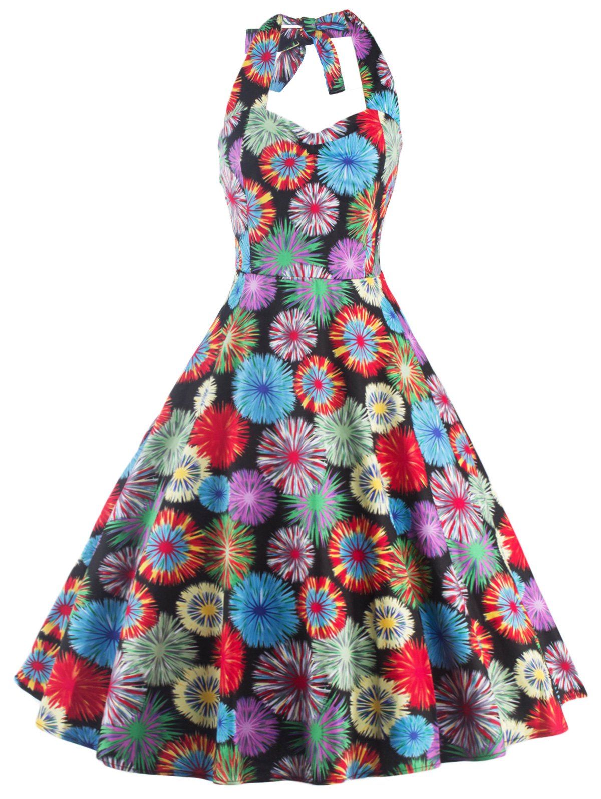 [58 Off] Vintage Halter Fireworks Flower Print Skater Dress Rosegal