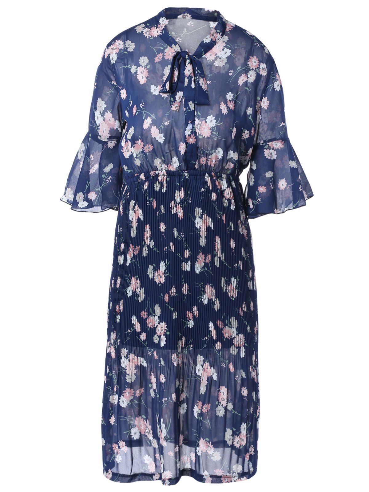 Online Vintage Short Sleeve Floral Print Pleated Dress  