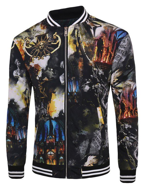 

Statue 3D Print Varsity Stripe Trim Zippered Jacket For Men, Colormix