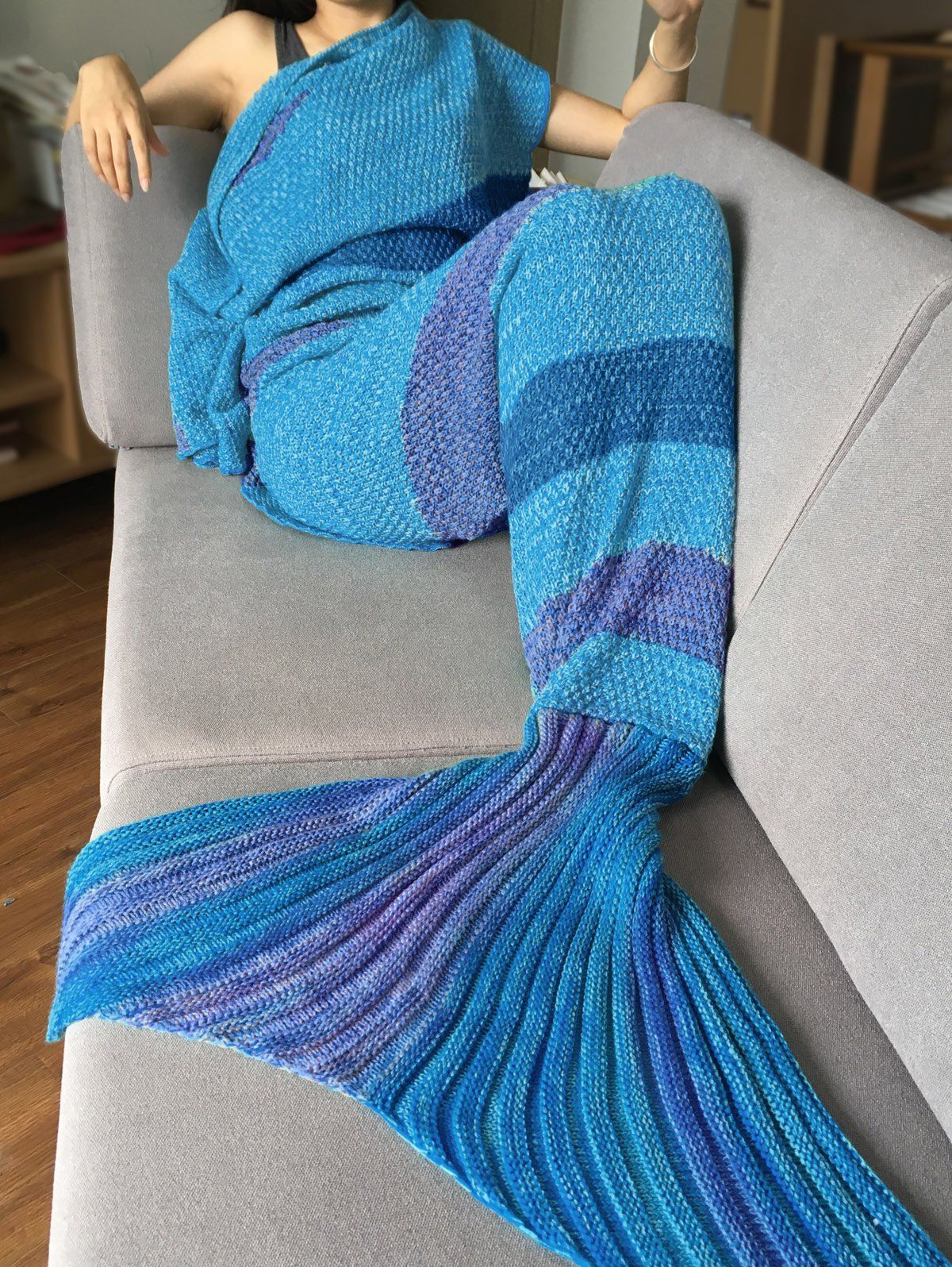 

Crochet Stripe Pattern Mermaid Tail Shape Blanket, Blue + purple