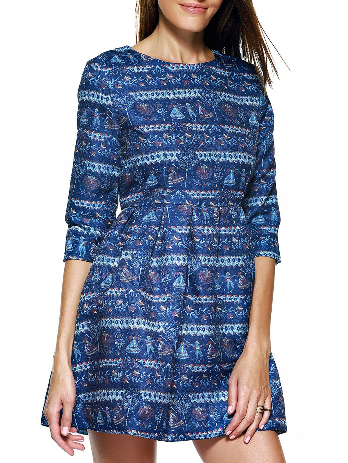 [36% OFF] Stylish 3/4 Sleeve Printed Ruched Dress For Women | Rosegal