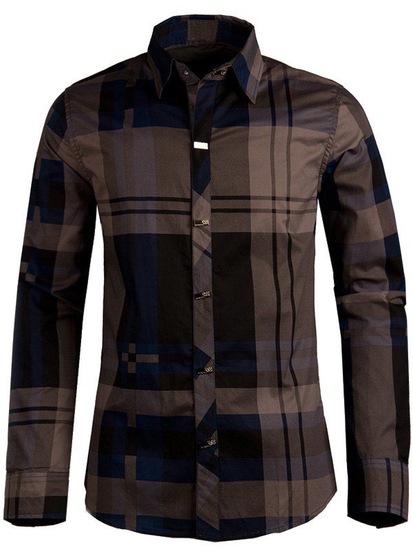 [63 OFF] Plaid Snap Button Turndown Collar Long Sleeve Shirt For Men
