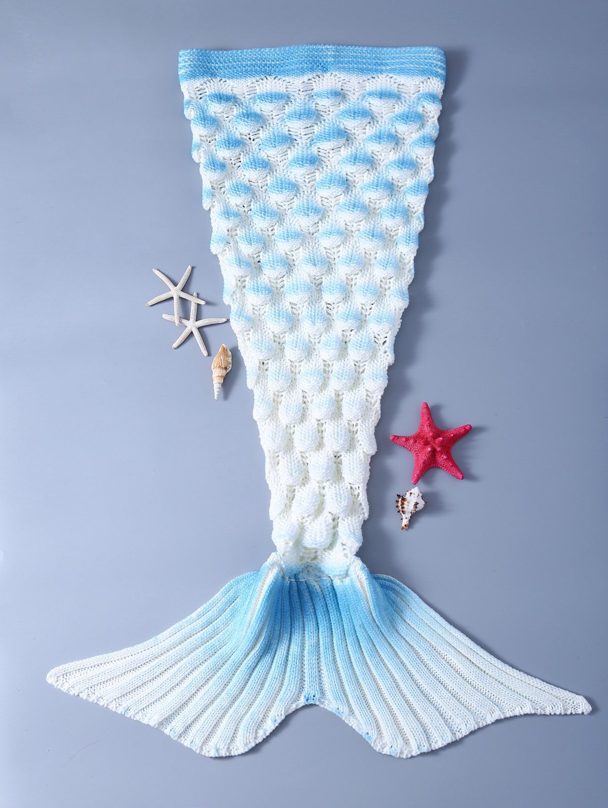 

Fashion Crochet Shell Deisgn Knitting Mermaid Tail Shape Blanket For Kids, Blue and white