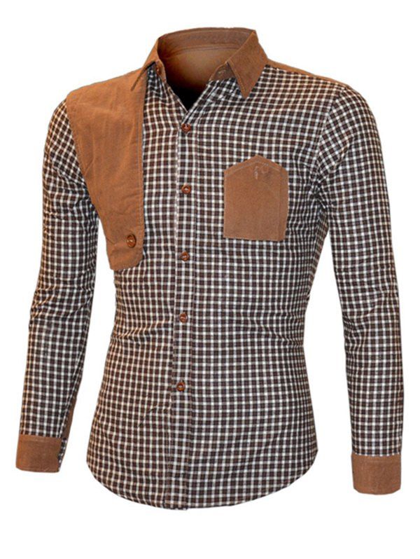 

Suede Splicing Plaid Turn-Down Collar Long Sleeve Shirt For Men, Brown