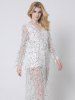 Sheer Long Sleeve Sequin Slit Maxi Prom Dress -  