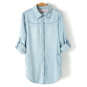 Light Blue 2xl Plus Size Trendy Adjustable Sleeve Longline Chambray ...