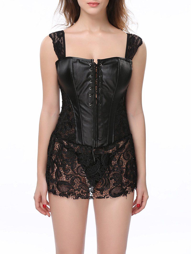 

Stunning Lace Up Faux Leather Lacework Corset With G-String, Black