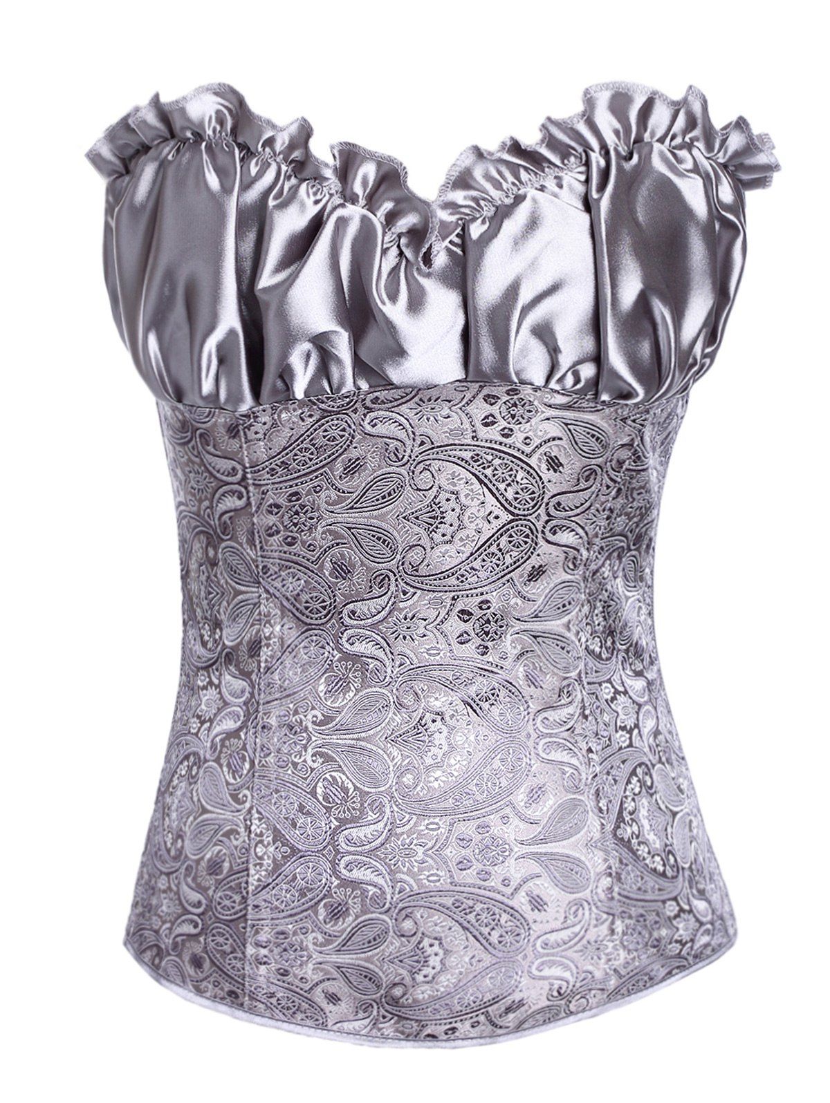 

Stunning Lace Up Ruffle Paisley Print Corset With G-String, Gray