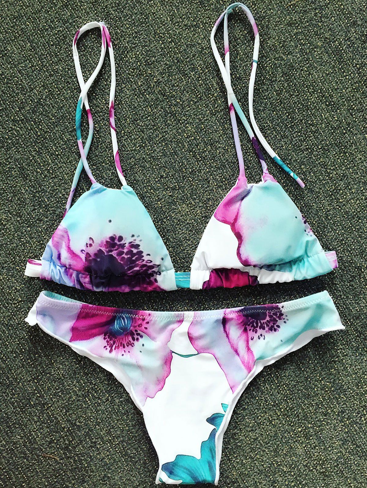 

Cute Spaghetti Straps Floral Print Bikini Set For Women, White
