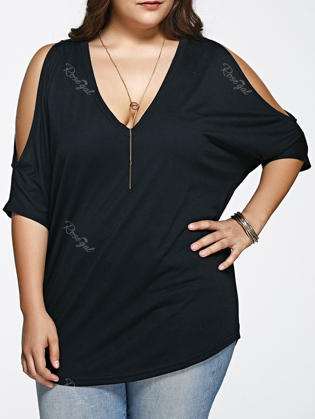 Black 3xl Plus Size Long Cold Shoulder Loose Fitting V Neck T Shirt