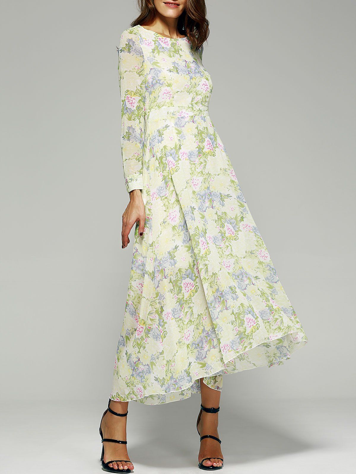 2018 Floral Printed Long Sleeve Asymmetrical Maxi Dress In Colormix S