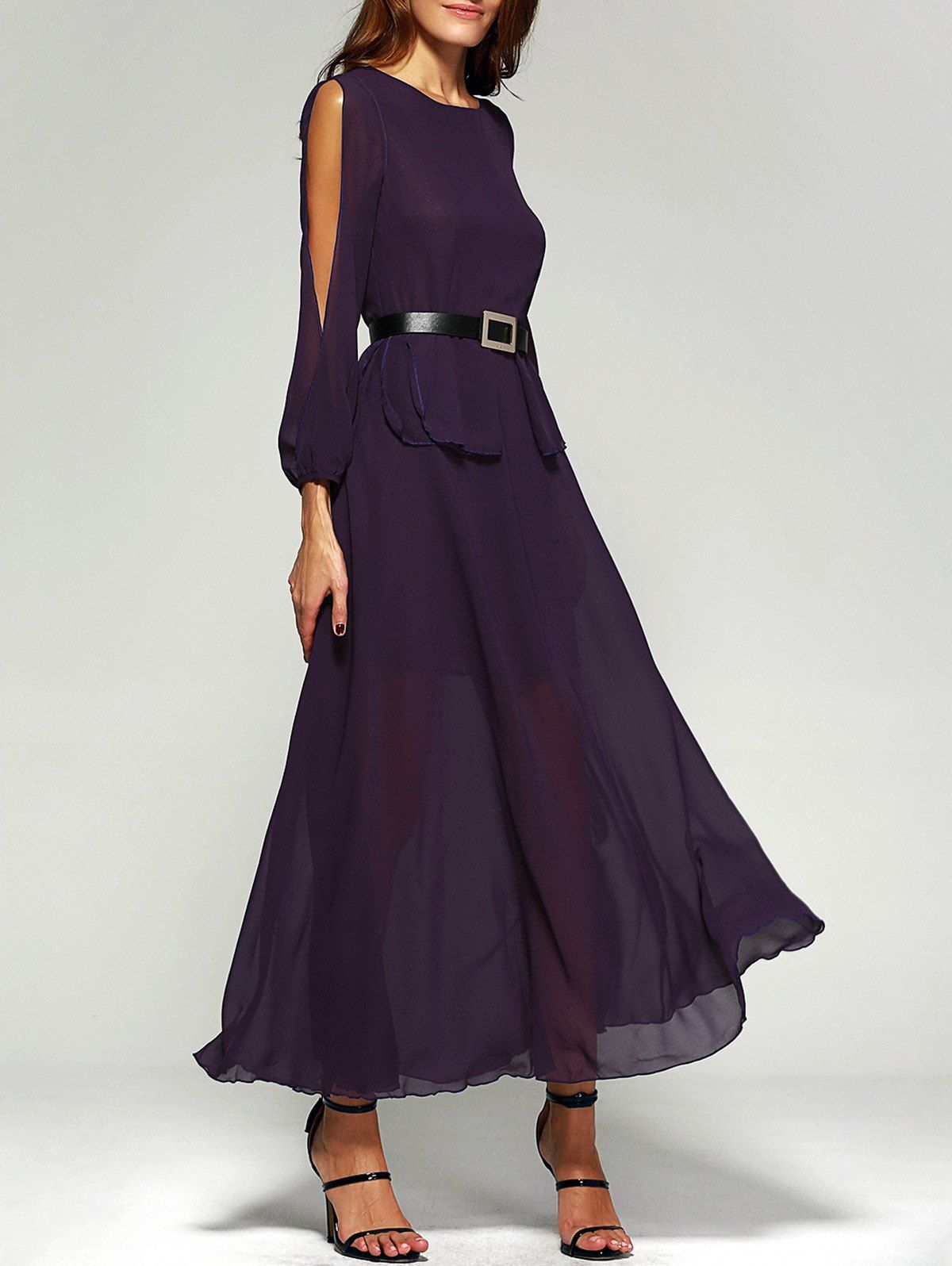 [10 OFF] Chiffon Split Sleeve Long Swing Evening Dress Rosegal