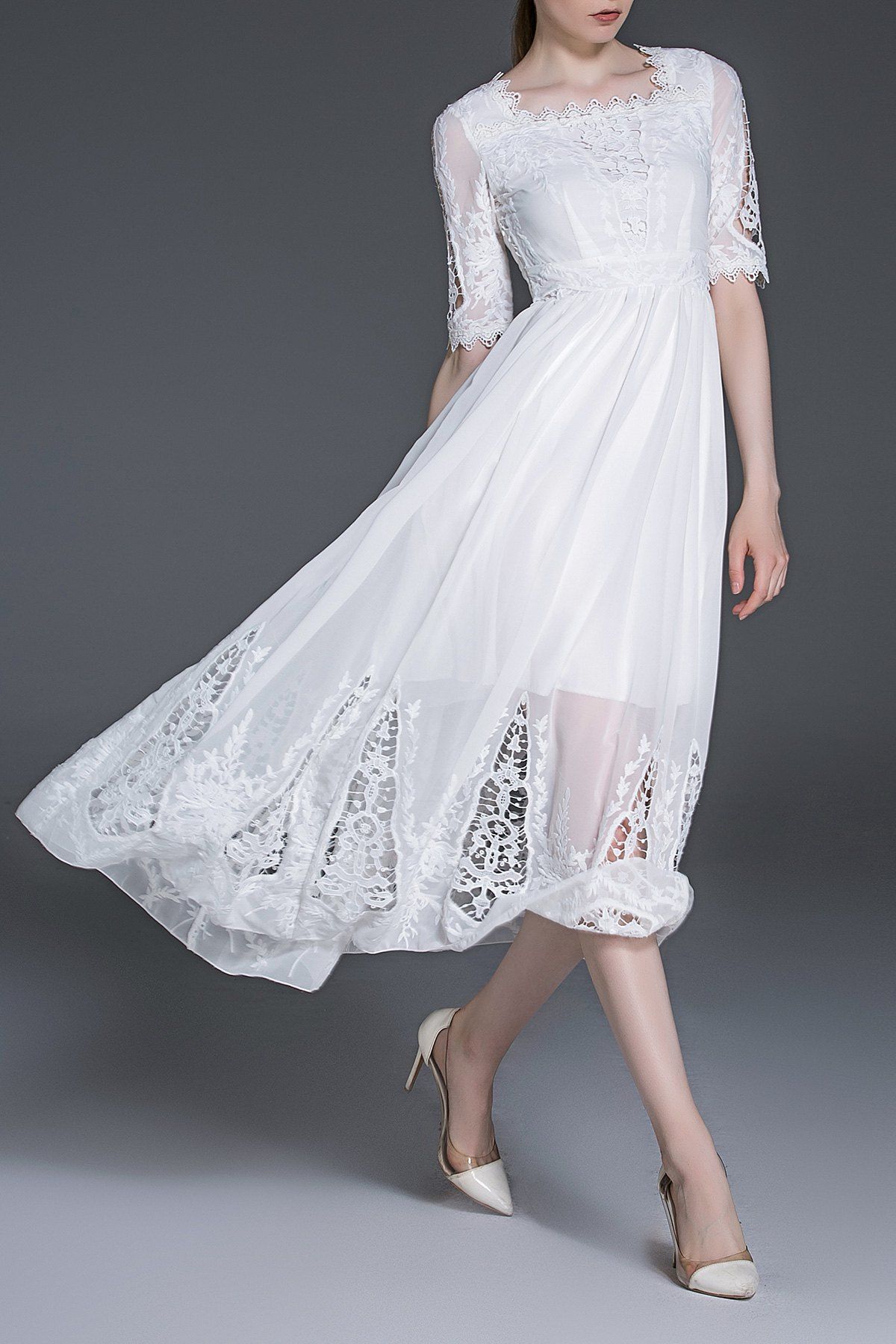 [81 OFF] Square Collar Lace Panel Tea Length Dress Rosegal