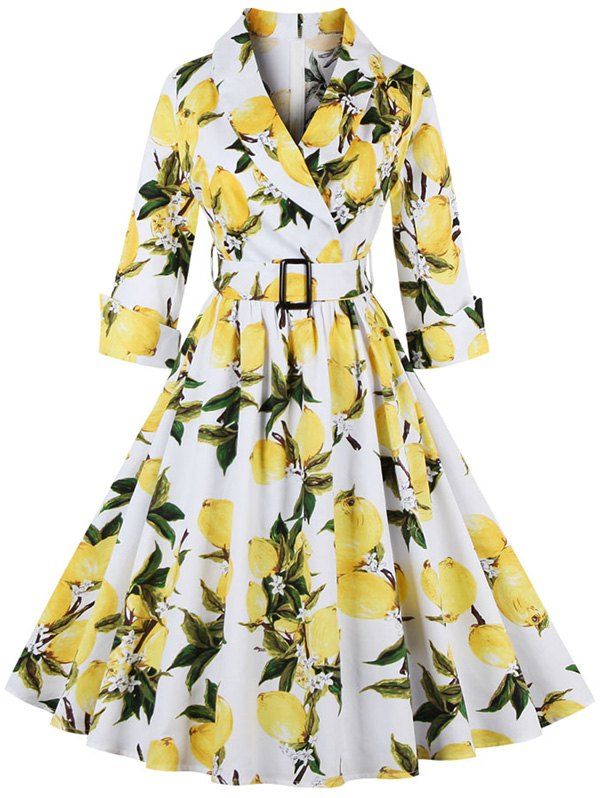 White 4xl Vintage High Waist Lemon Print Dress