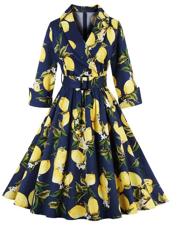 [79 OFF] Vintage High Waist Lemon Print Dress Rosegal