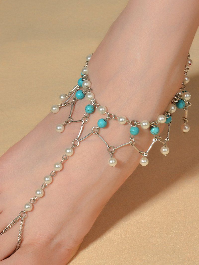 [23 OFF] Graceful Faux Turquoise Wedding Jewelry Beaded Anklets Rosegal