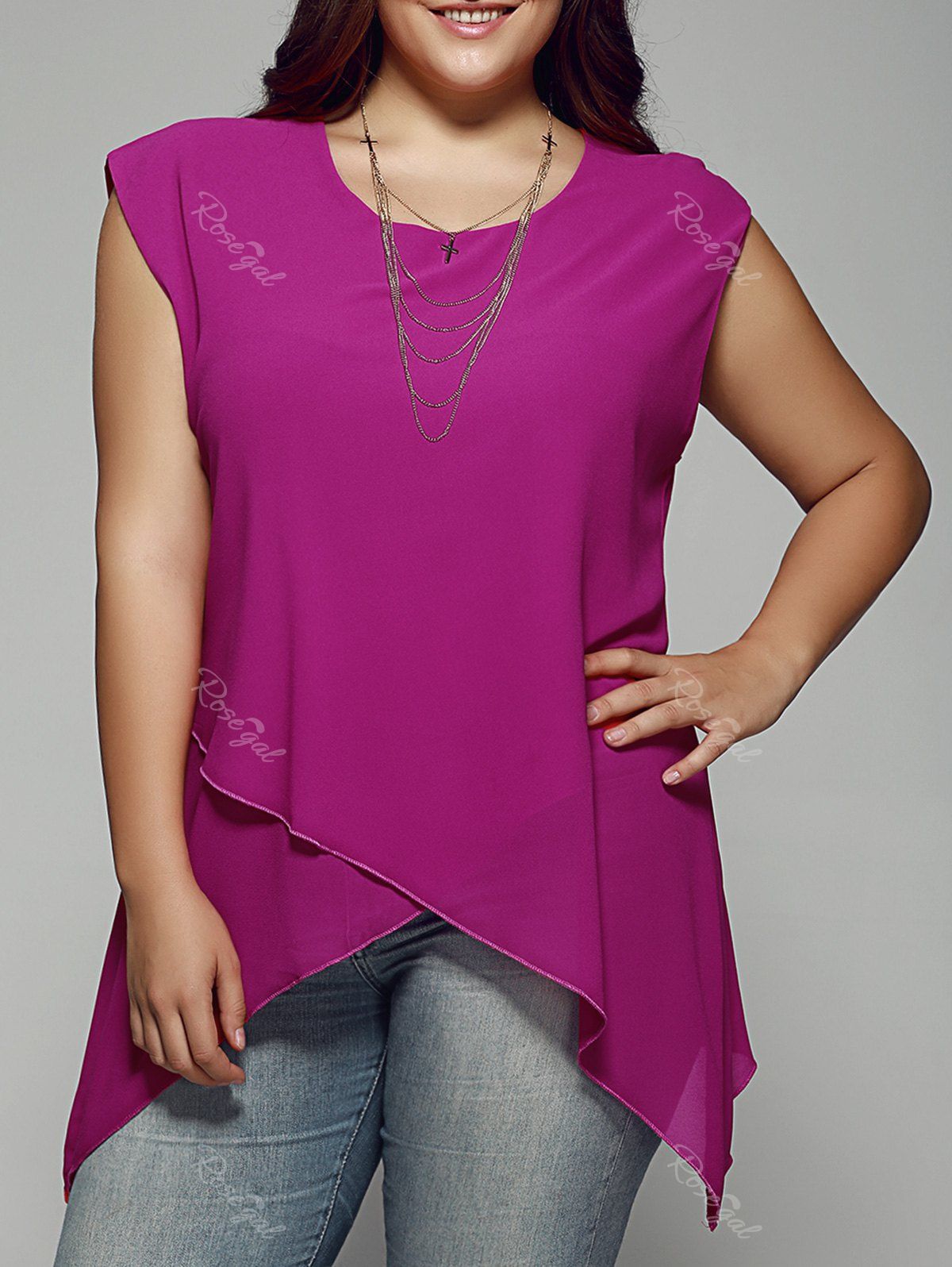 Rose Red 4xl Plus Size Asymmetrical Chiffon Blouse 9603