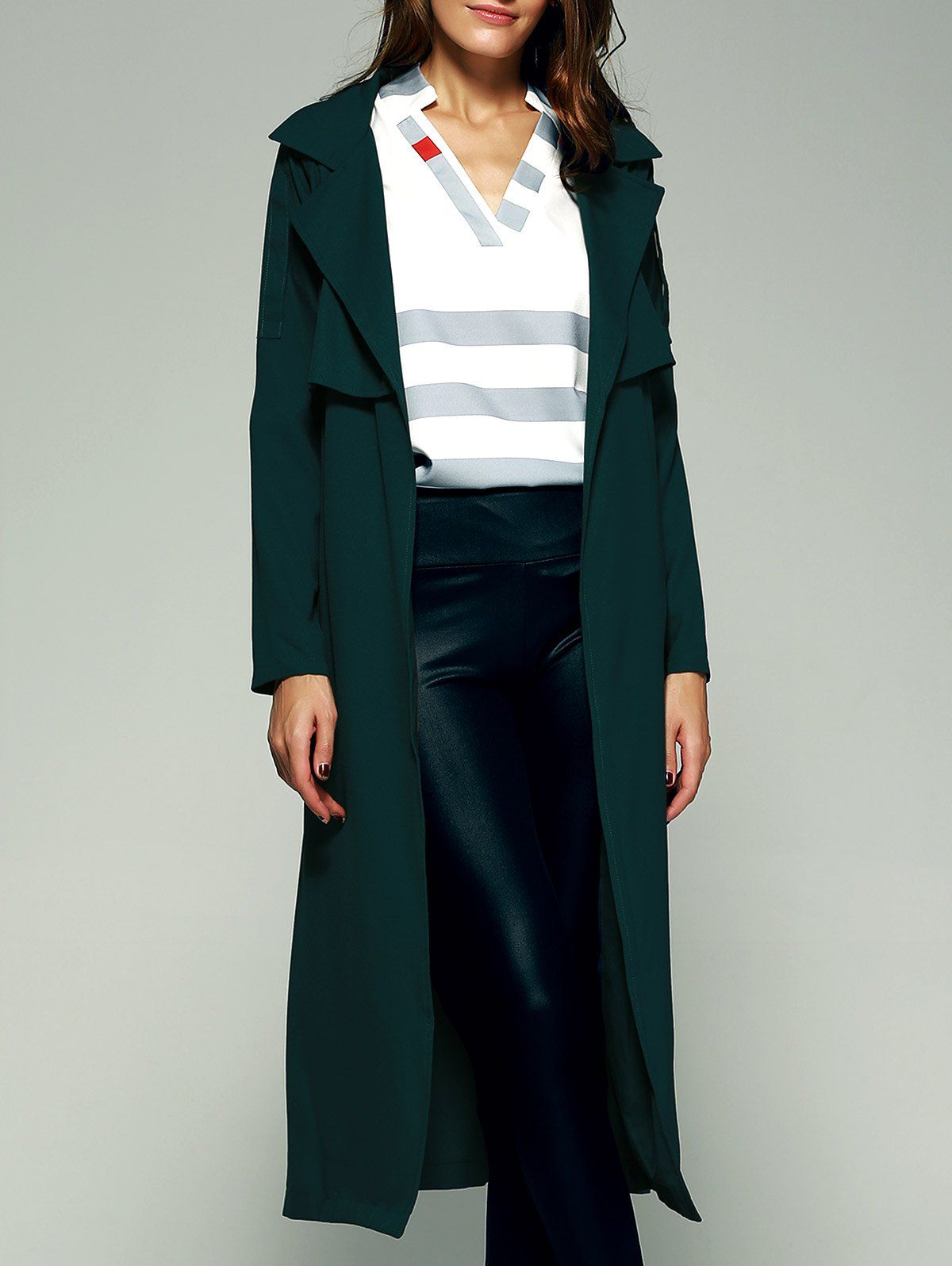Trendy Elegant Belted Flounce Pure Color Maxi Wrap Long Trench Coat  