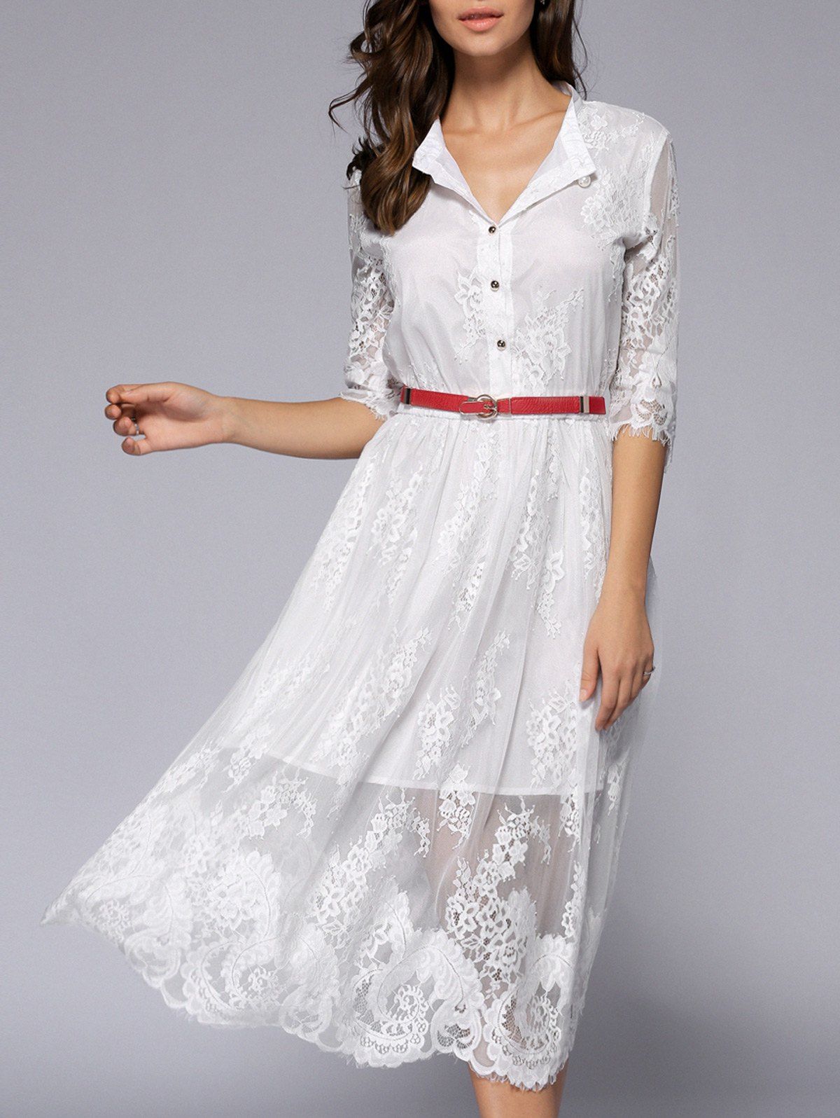 Fancy See-Through Lace Casual Shirt Dress Fall  