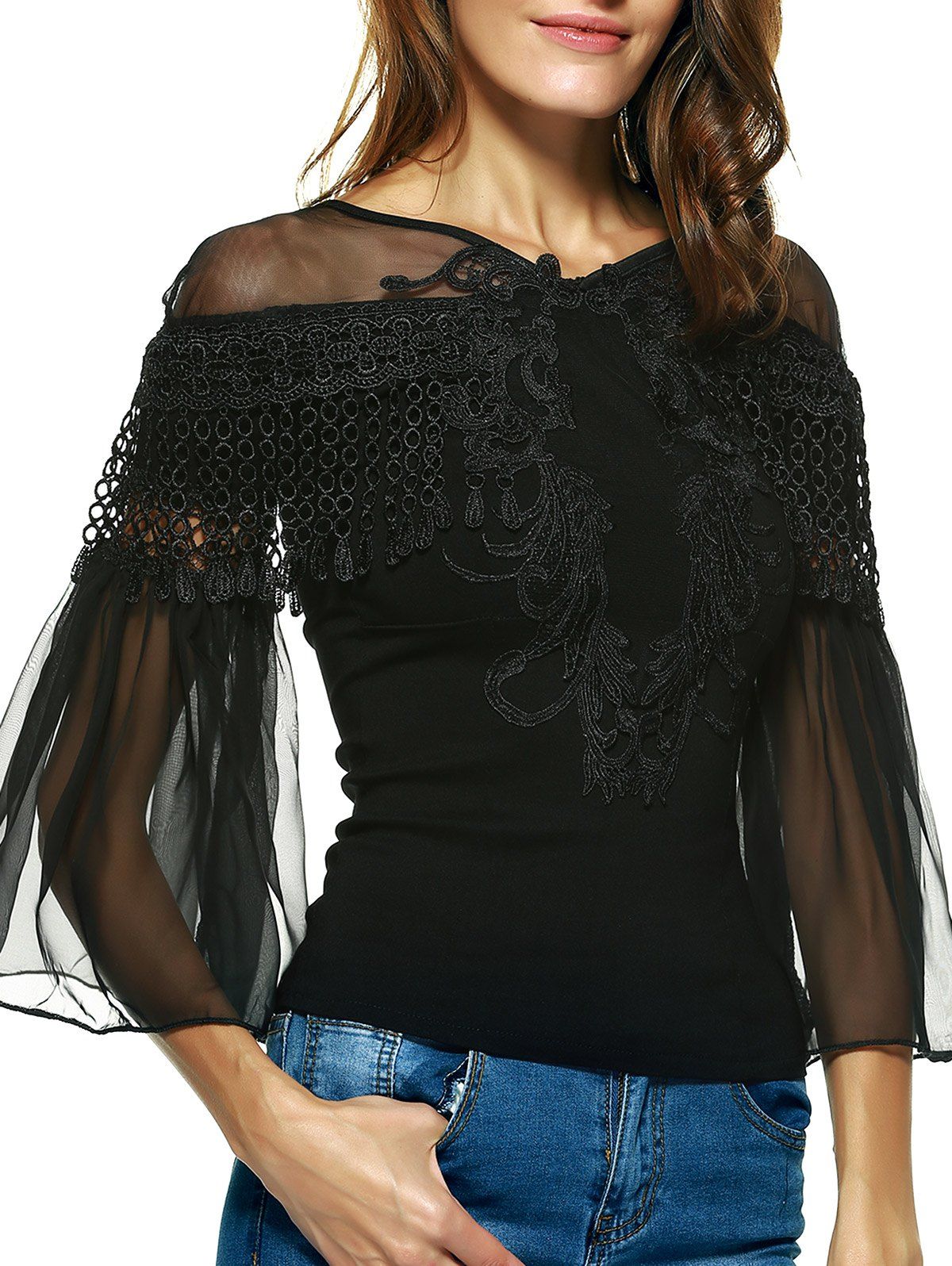 44-off-graceful-women-s-bell-sleeves-embroidered-mesh-spliced-blouse