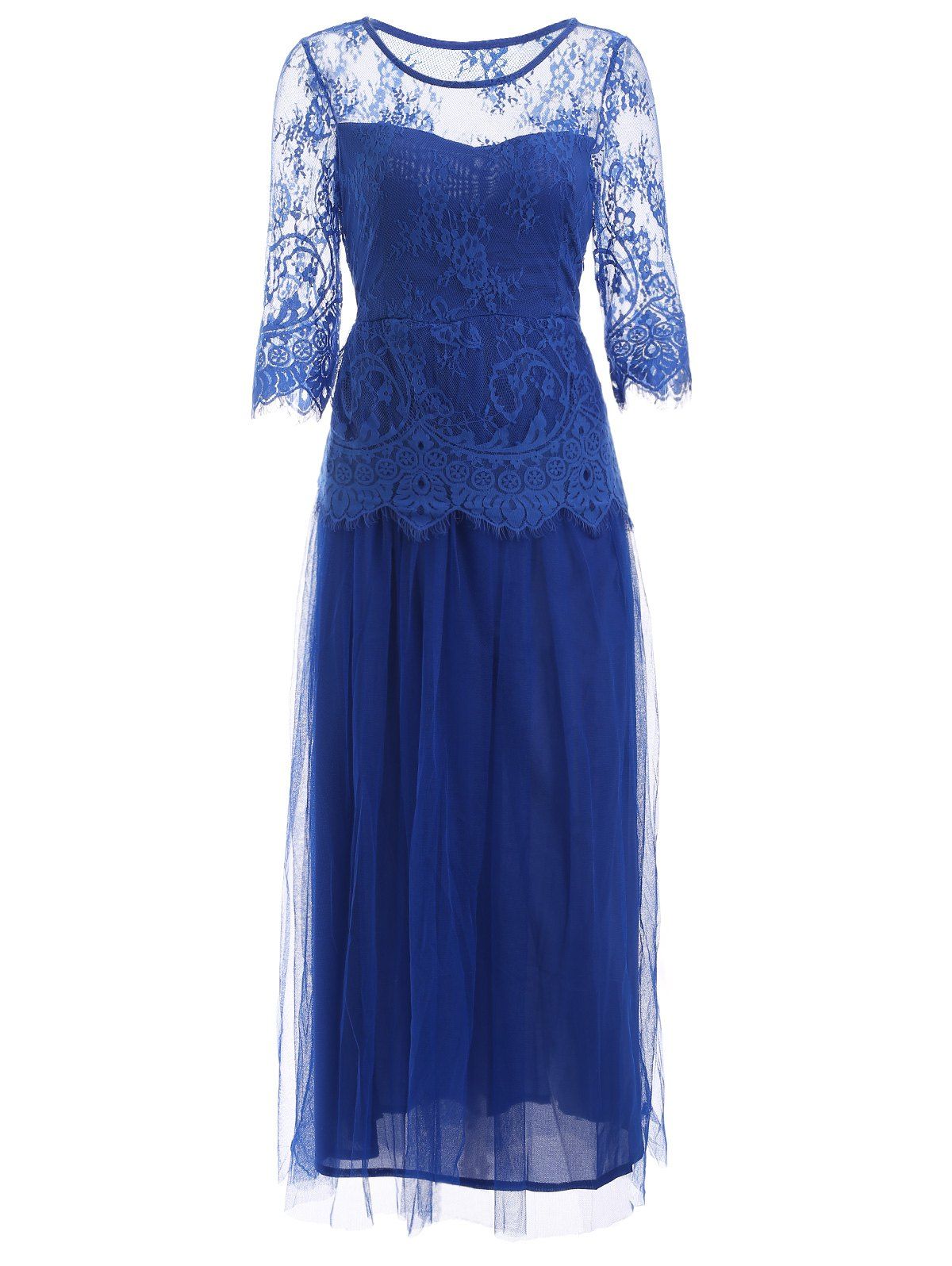 [38% OFF] Lace Panel Long Prom Wedding Guest Tea Length Dress | Rosegal
