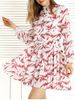 Long Sleeve Pleated Swing Print Dress -  