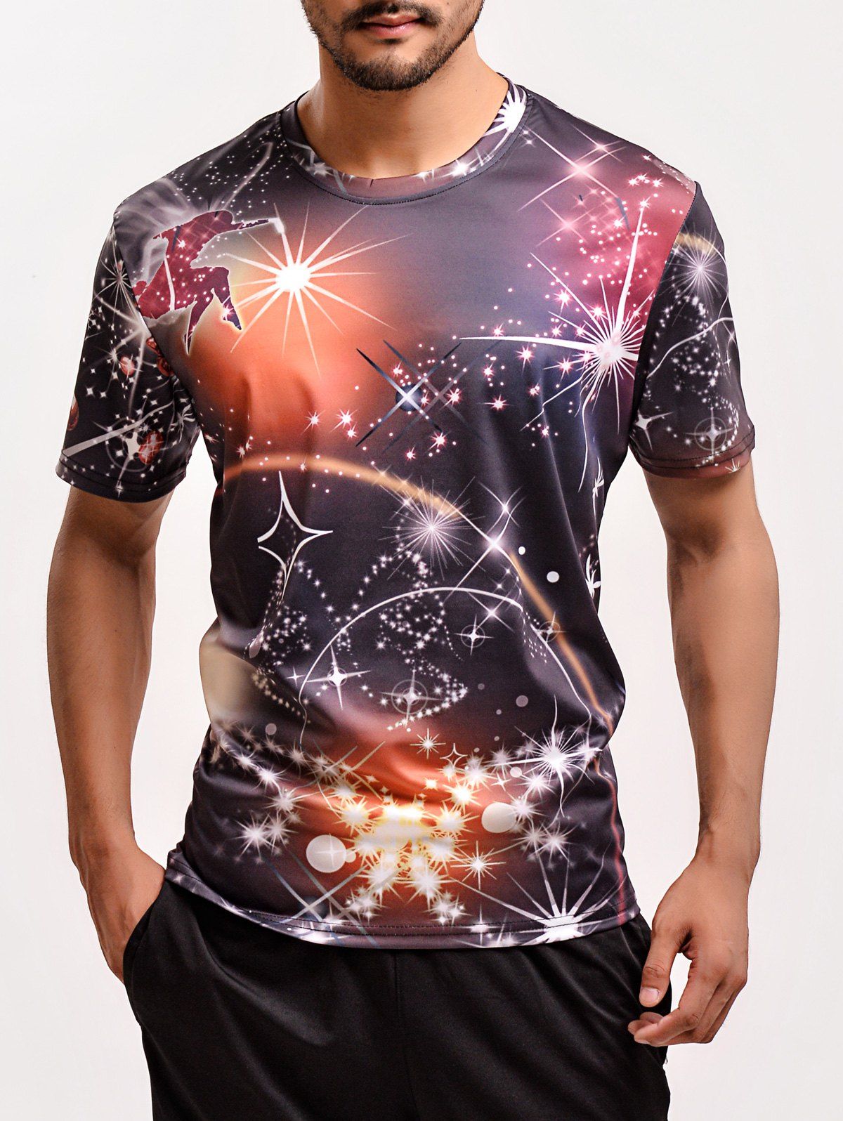 [43% OFF] Fashion 3D Fireworks Print Round Neck Galaxy T-Shirt | Rosegal