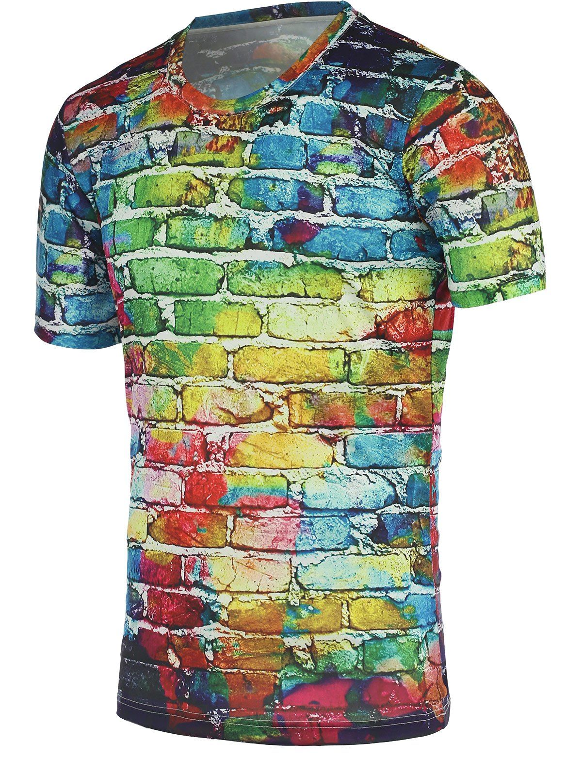 [34 OFF] Colorful Brick Wall Print Round Neck Short Sleeve Tee For Men
