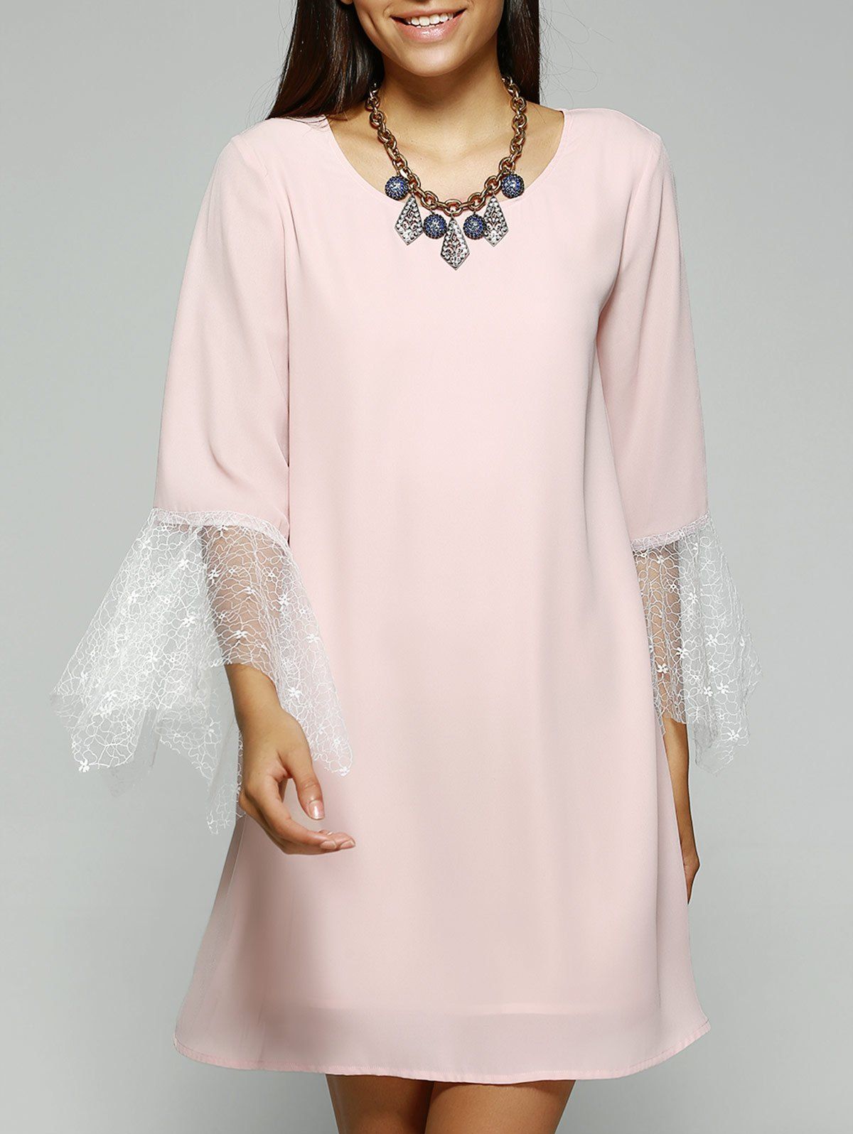 [67 OFF] Simple Style Women's Jewel Neck Laced Pink Dress Rosegal