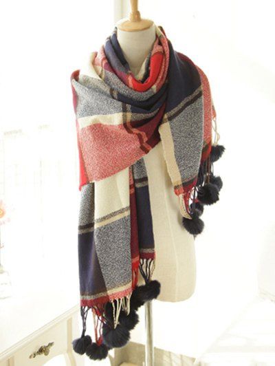

Stylish Plaid Pattern Pompon Pendant Shawl Wrap Pashmina, Cadetblue