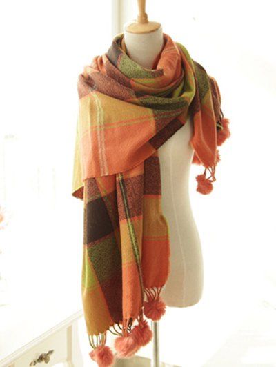 

Stylish Plaid Pattern Pompon Pendant Shawl Wrap Pashmina, Pink