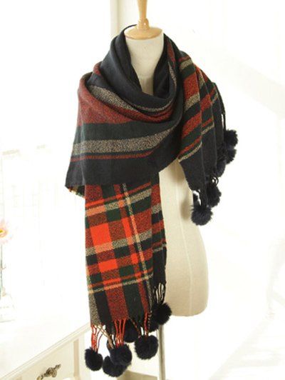 

Stylish Plaid Pattern Pompon Pendant Shawl Wrap Pashmina, Orange