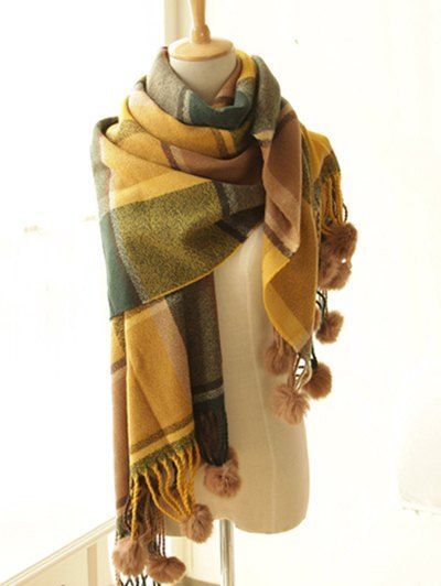 

Stylish Plaid Pattern Pompon Pendant Shawl Wrap Pashmina, Light coffee