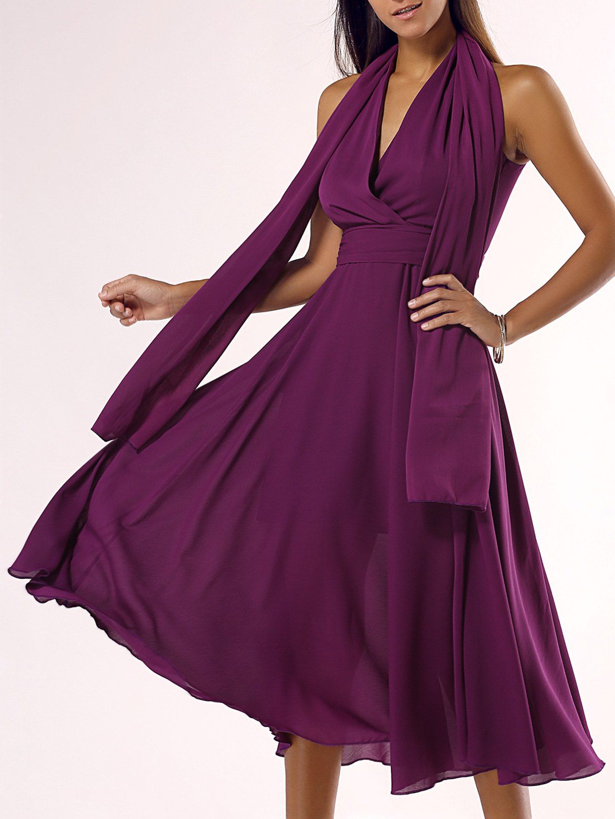 [26 OFF] Plunging Neck Chiffon Flowy Midi Dress Rosegal