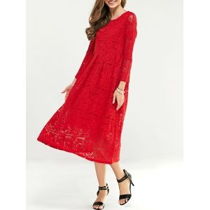 Surdimensionné Chic manches longues Pure Color Lace Midi Dress